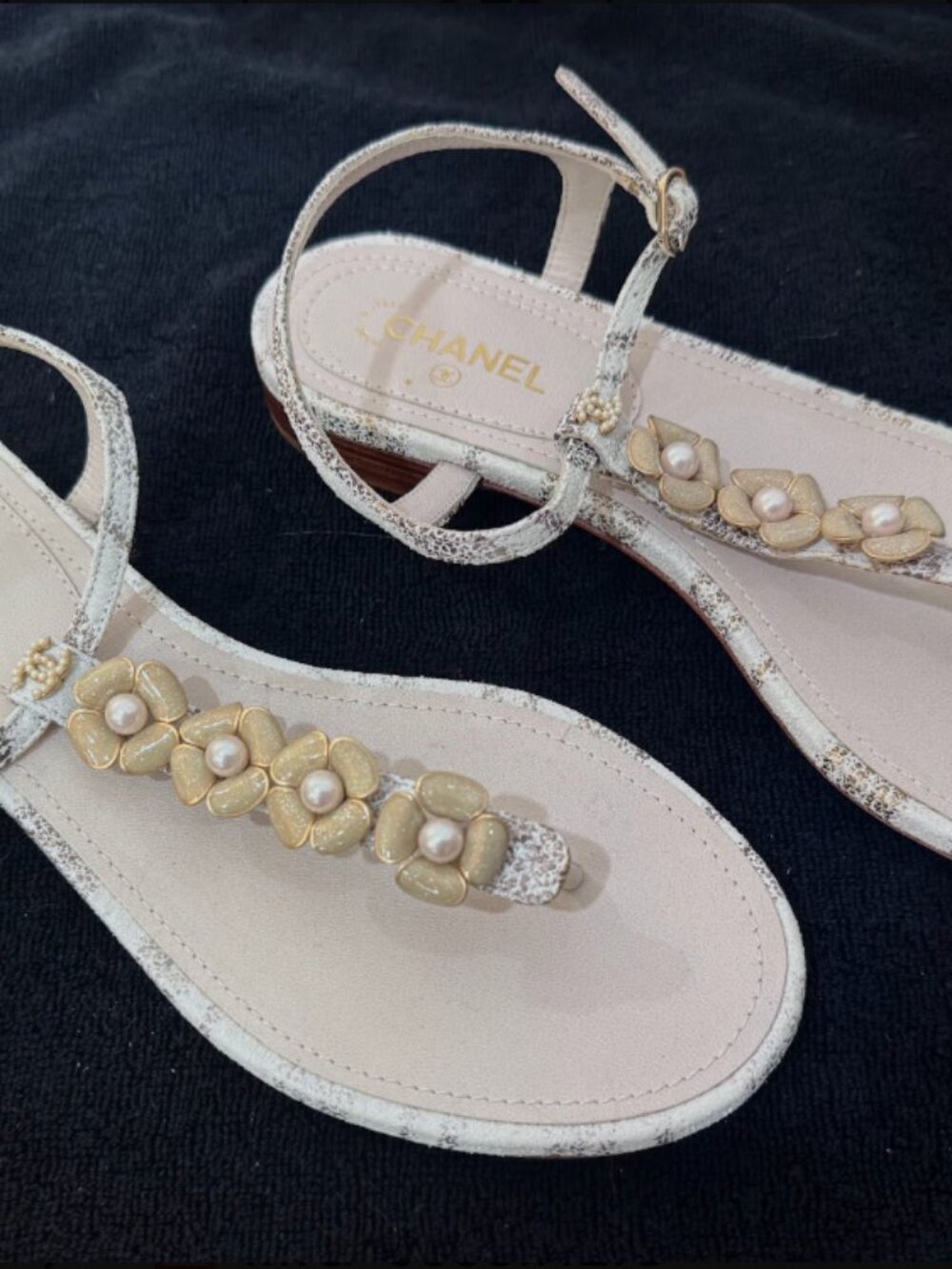 CHANEL Size 7 Thong Sandals With GORGEOUS Enamel Accents and Logo